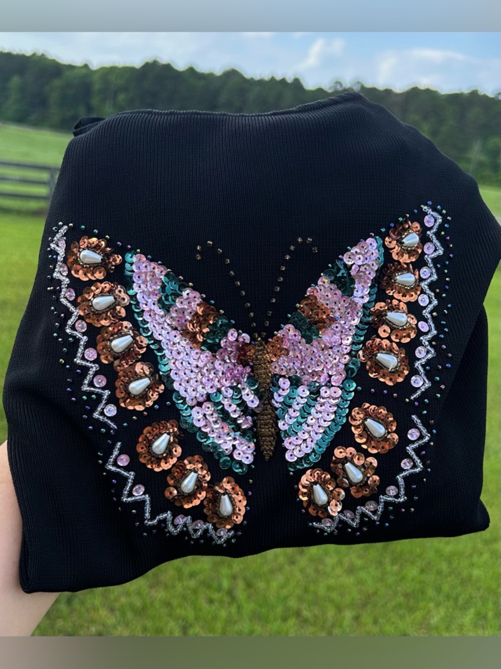 Vintage Lucia Burns Beaded Butterfly Shirt Size L Embellished Knit Blouse Artsy